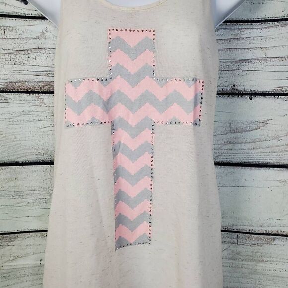 Vanity Women’s Racerback Tank Top Medium Ivory Lace Back Cross Graphic - Picture 2 of 6